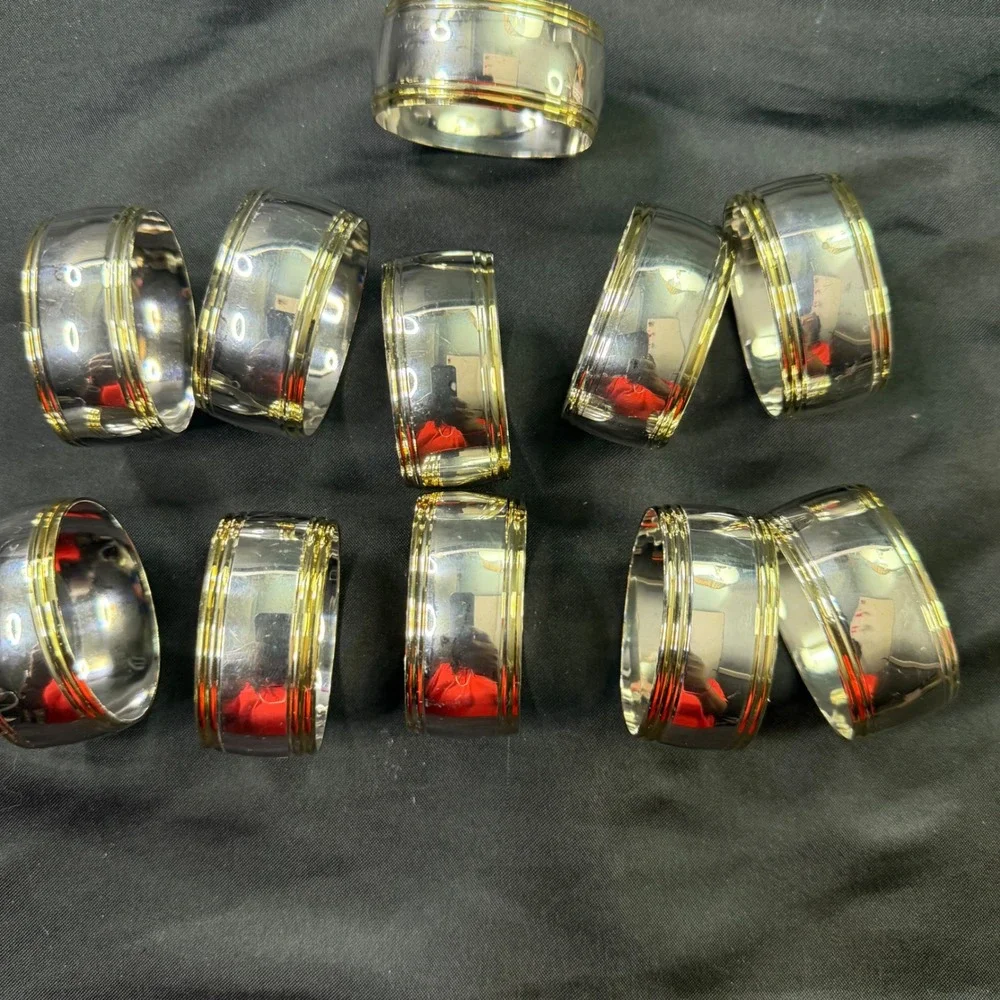 Set of 11 Two Tone Silver and Gold Ribbed Metal Napkin Rings Table Decor